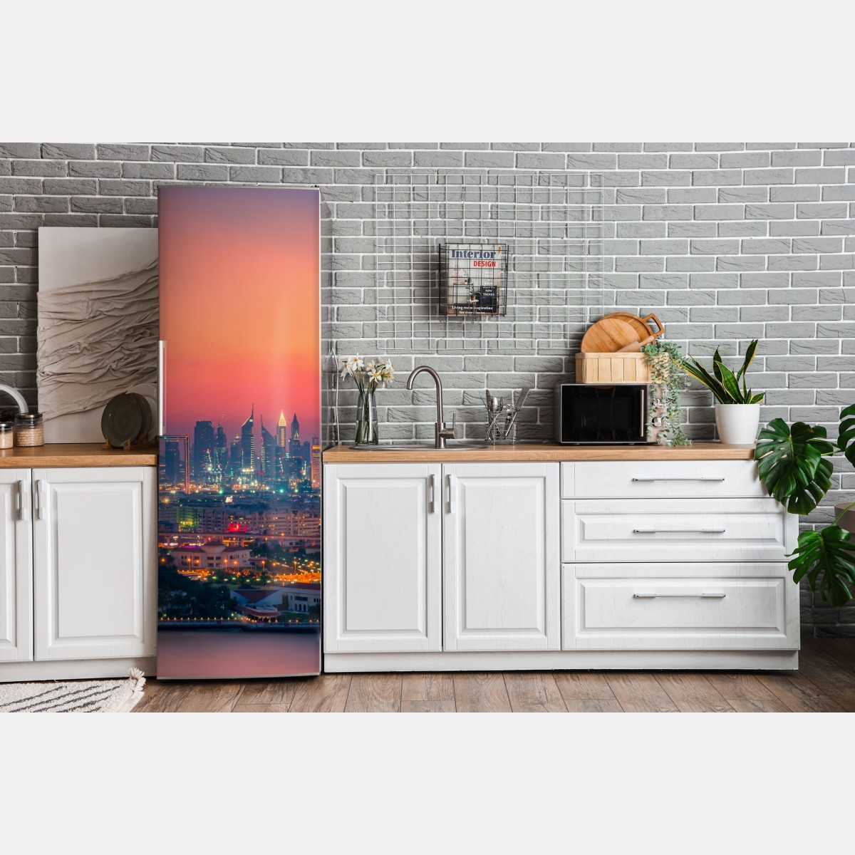 Naklejka na lodówkę panorama Dubaju o zachodzie słońca – Wallissimo® Naklejka na lodówkę panorama Dubaju o zachodzie słońca – Wallissimo®