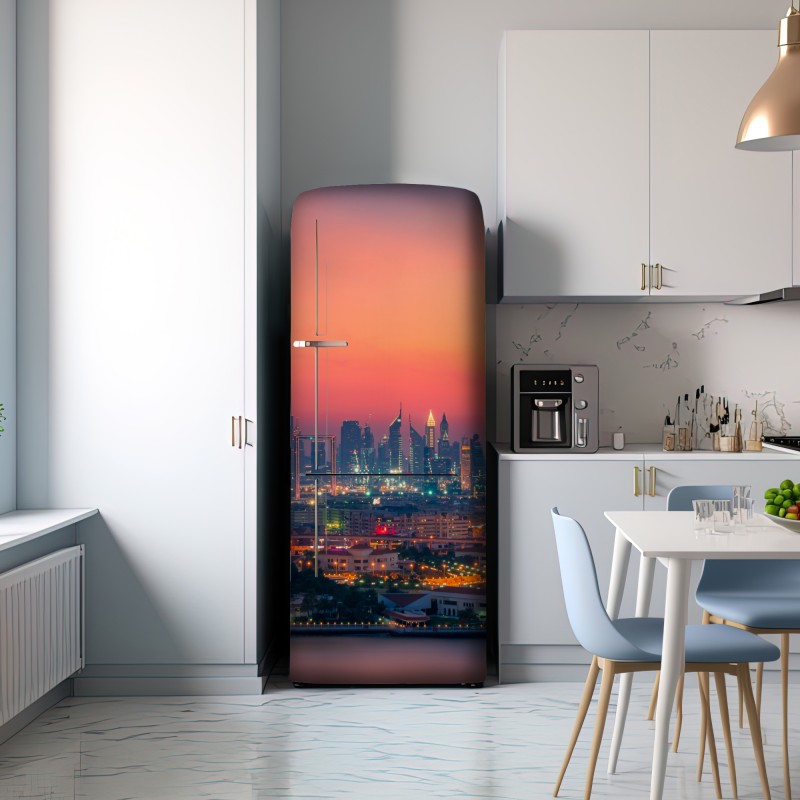 Naklejka na lodówkę panorama Dubaju o zachodzie słońca – Wallissimo® Naklejka na lodówkę panorama Dubaju o zachodzie słońca – Wallissimo®