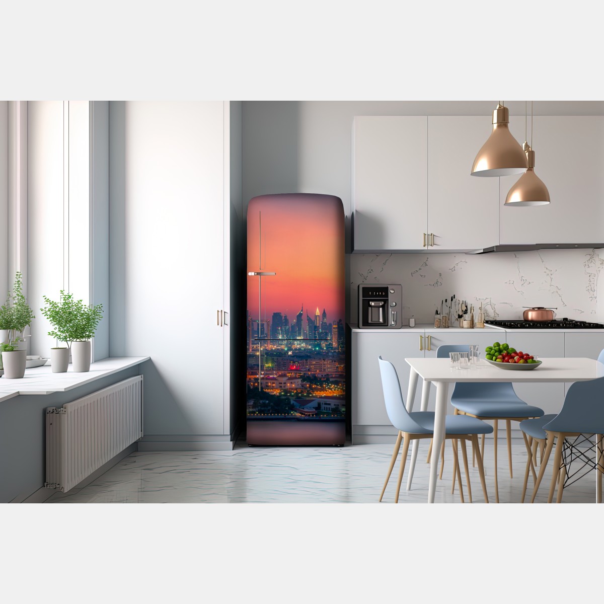 Naklejka na lodówkę panorama Dubaju o zachodzie słońca – Wallissimo® Naklejka na lodówkę panorama Dubaju o zachodzie słońca – Wallissimo®