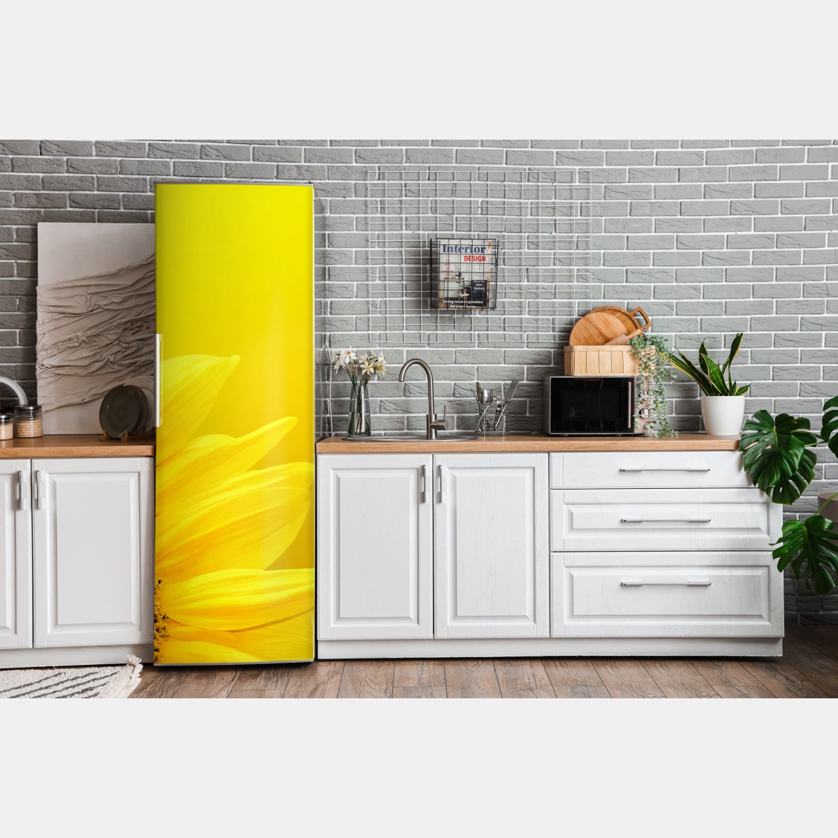 Naklejka na lodówkę żywy słonecznik z bliska na żółtym tle – Wallissimo® Naklejka na lodówkę żywy słonecznik z bliska na żółtym tle – Wallissimo®