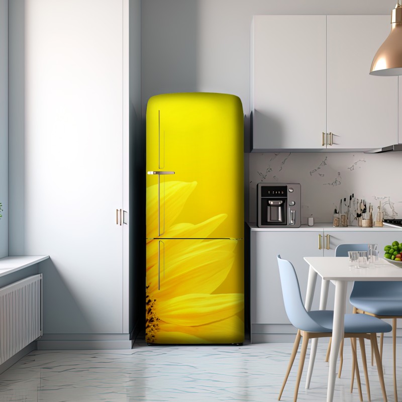 Naklejka na lodówkę żywy słonecznik z bliska na żółtym tle – Wallissimo® Naklejka na lodówkę żywy słonecznik z bliska na żółtym tle – Wallissimo®