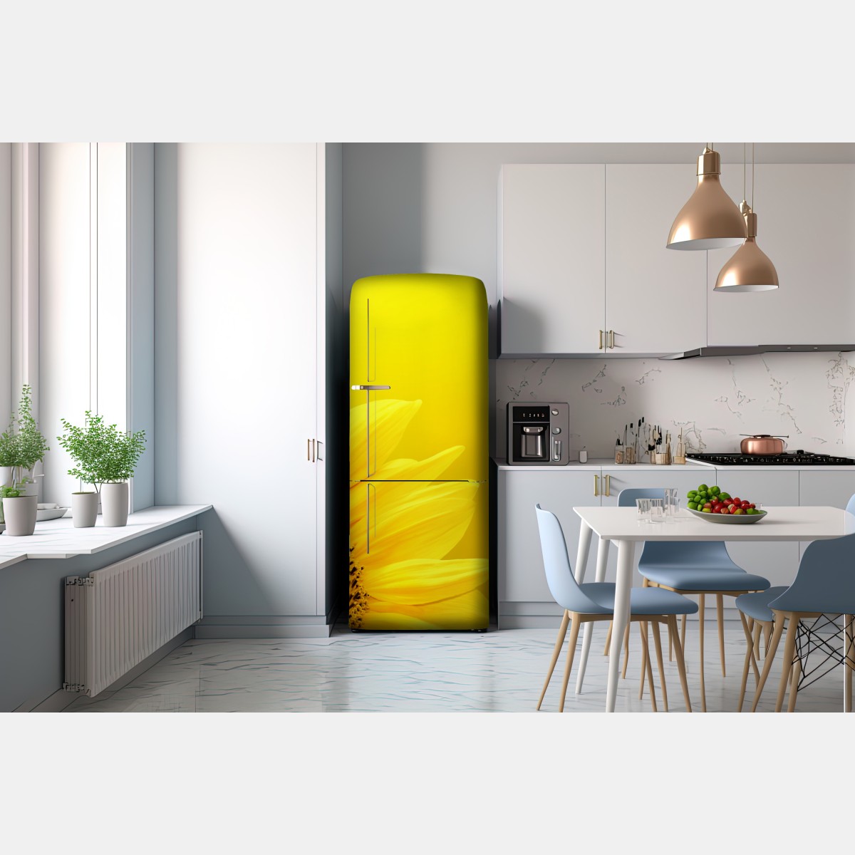 Naklejka na lodówkę żywy słonecznik z bliska na żółtym tle – Wallissimo® Naklejka na lodówkę żywy słonecznik z bliska na żółtym tle – Wallissimo®