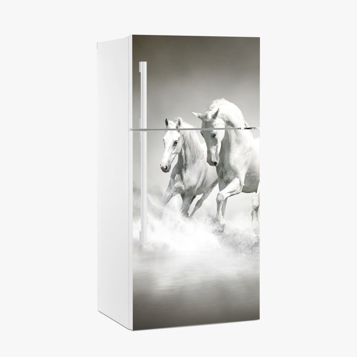 Fridge sticker three white horses running through water
