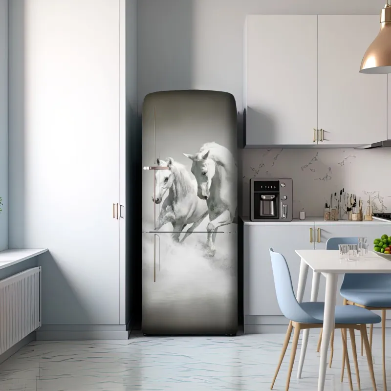 Naklejka na lodówkę trzy białe konie galopujące przez wodę – Wallissimo® Naklejka na lodówkę trzy białe konie galopujące przez wodę – Wallissimo®