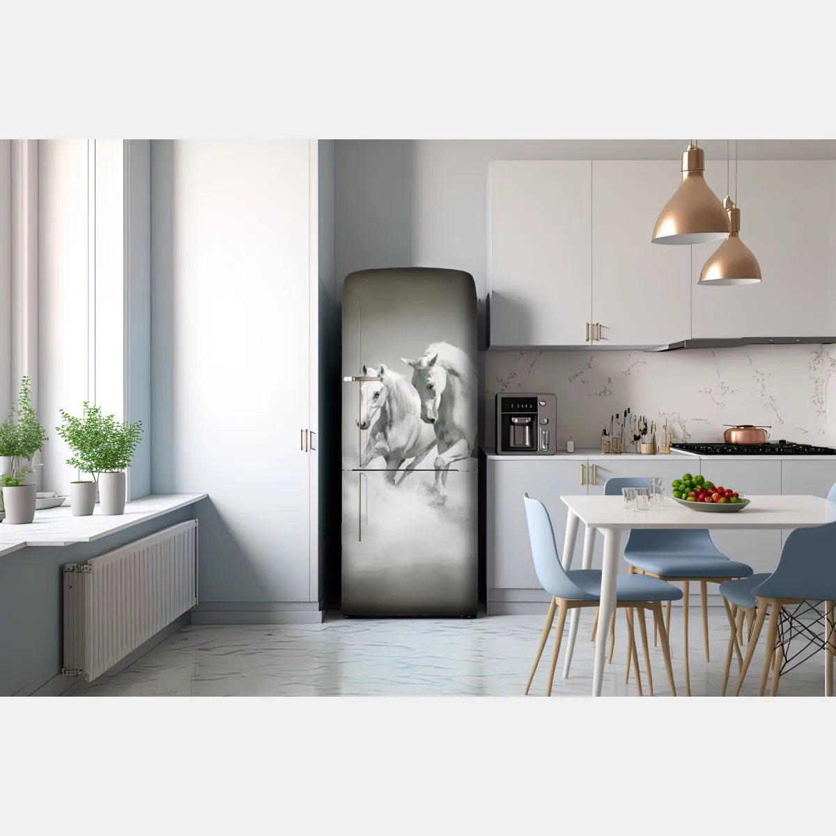 Naklejka na lodówkę trzy białe konie galopujące przez wodę – Wallissimo® Naklejka na lodówkę trzy białe konie galopujące przez wodę – Wallissimo®