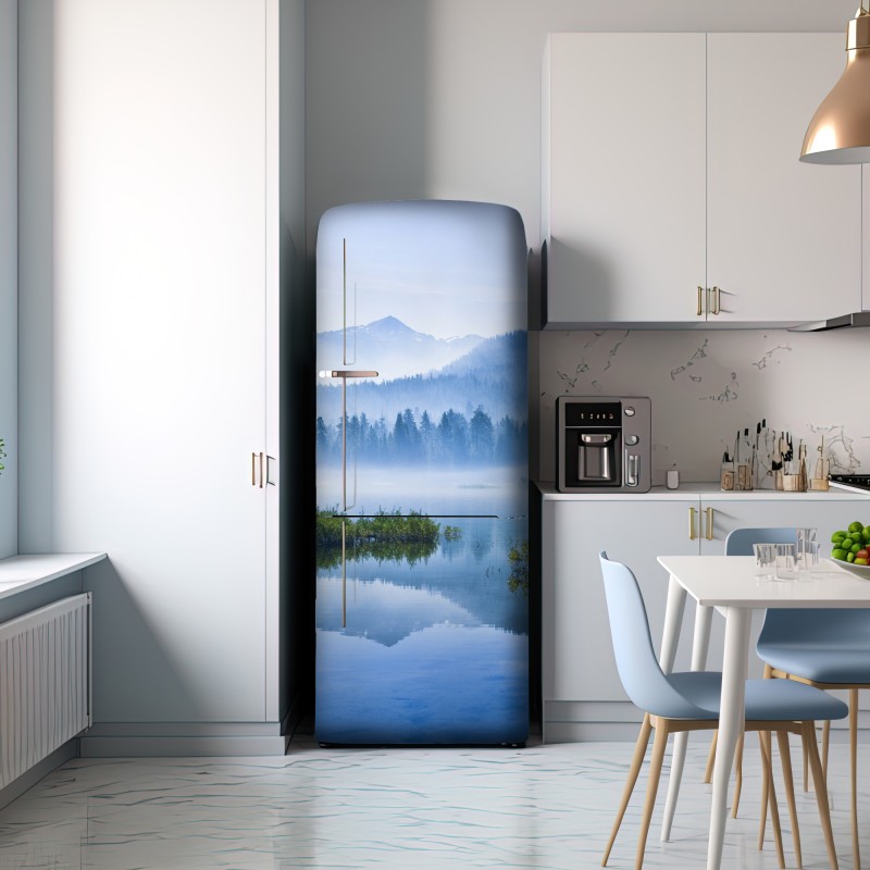 Naklejka na lodówkę mglista górska tafla jeziora z odbiciem – Wallissimo® Naklejka na lodówkę mglista górska tafla jeziora z odbiciem – Wallissimo®