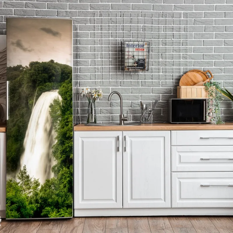 Naklejka na lodówkę odważna geometryczna elewacja w pomarańczy i turkusie – Wallissimo®