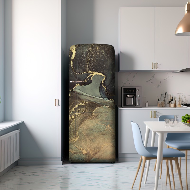 Naklejka na lodówkę turkusowo-złota abstrakcja płynna – Wallissimo® Naklejka na lodówkę turkusowo-złota abstrakcja płynna – Wallissimo®