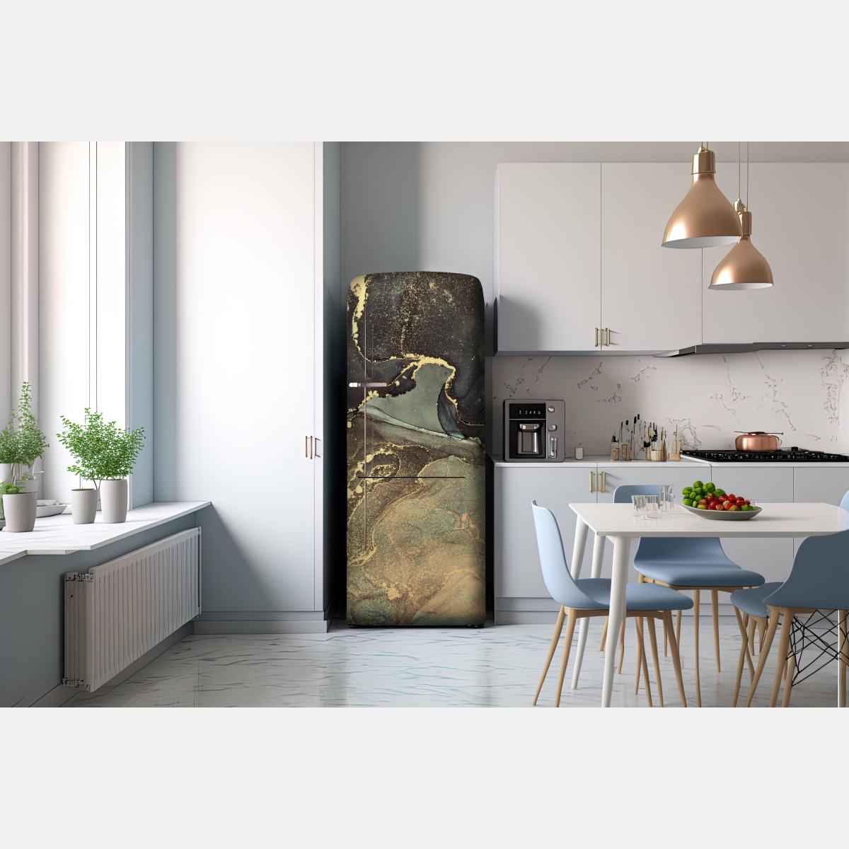 Naklejka na lodówkę turkusowo-złota abstrakcja płynna – Wallissimo® Naklejka na lodówkę turkusowo-złota abstrakcja płynna – Wallissimo®