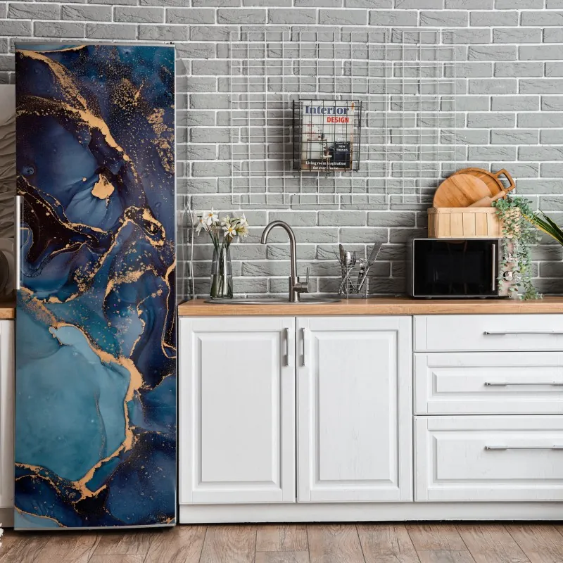 Naklejka na lodówkę odważna geometryczna elewacja w pomarańczy i turkusie – Wallissimo®