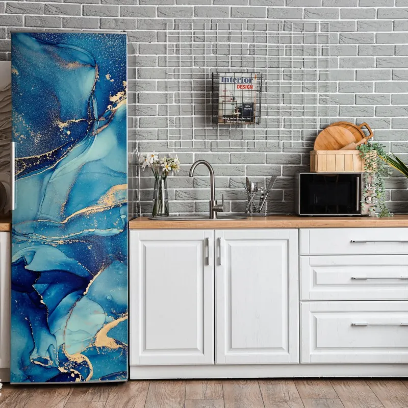 Naklejka na lodówkę oceaniczny błękit i złote zawirowania – Wallissimo® Naklejka na lodówkę oceaniczny błękit i złote zawirowania – Wallissimo®