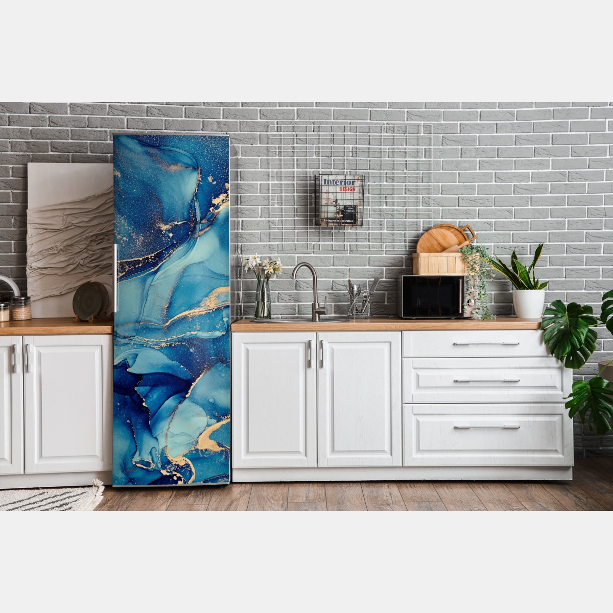 Naklejka na lodówkę oceaniczny błękit i złote zawirowania – Wallissimo® Naklejka na lodówkę oceaniczny błękit i złote zawirowania – Wallissimo®