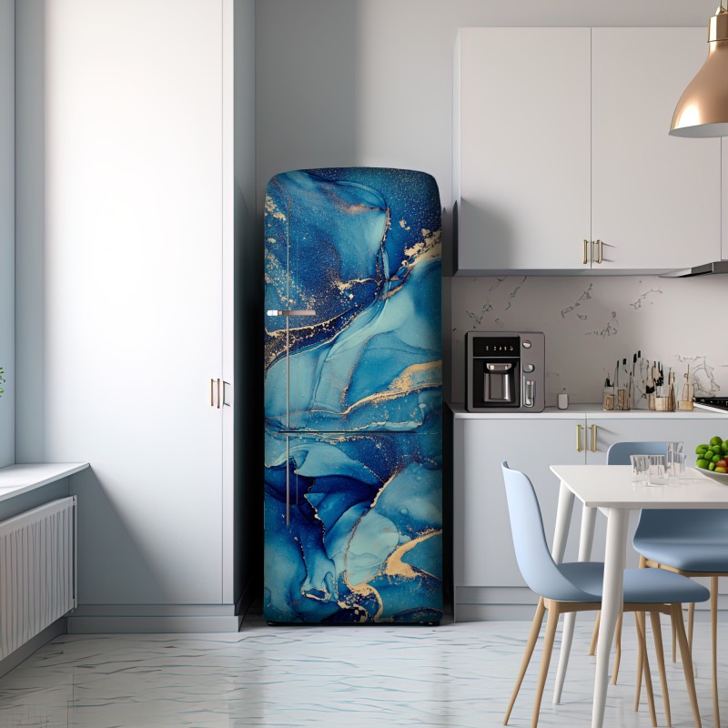 Naklejka na lodówkę oceaniczny błękit i złote zawirowania – Wallissimo® Naklejka na lodówkę oceaniczny błękit i złote zawirowania – Wallissimo®