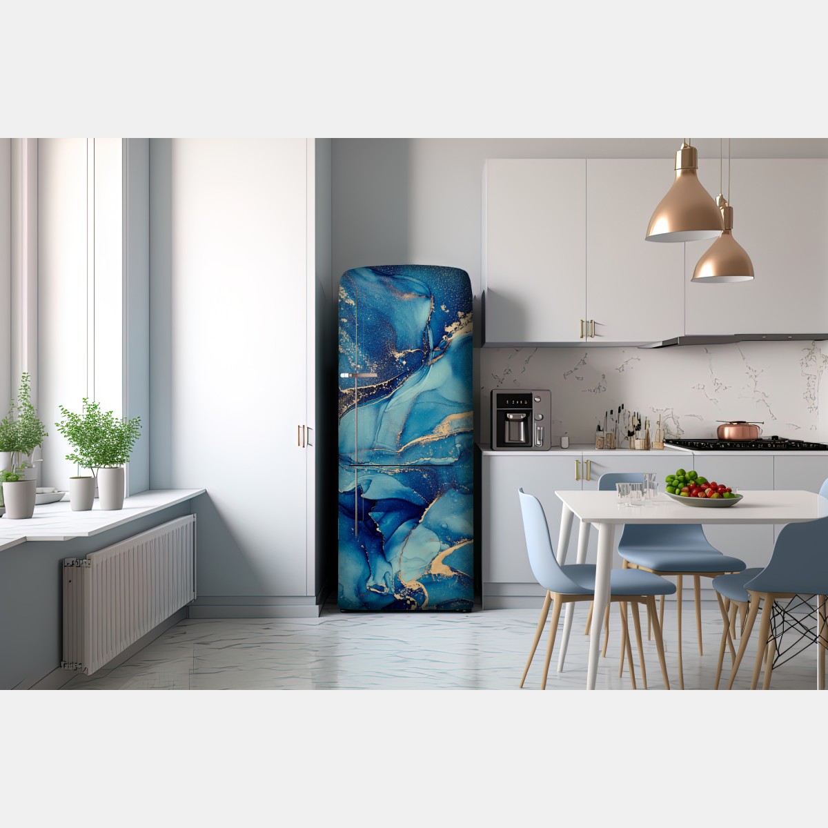Naklejka na lodówkę oceaniczny błękit i złote zawirowania – Wallissimo® Naklejka na lodówkę oceaniczny błękit i złote zawirowania – Wallissimo®
