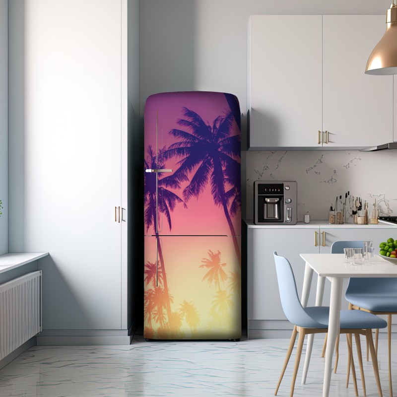 Naklejka na lodówkę tropikalny zachód słońca z palmami – Wallissimo® Naklejka na lodówkę tropikalny zachód słońca z palmami – Wallissimo®