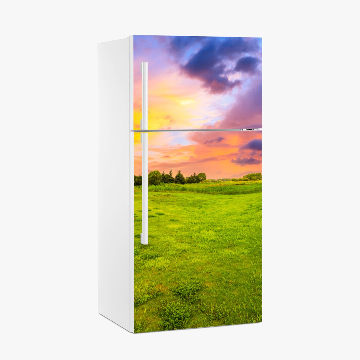 Fridge sticker sunset over green meadow