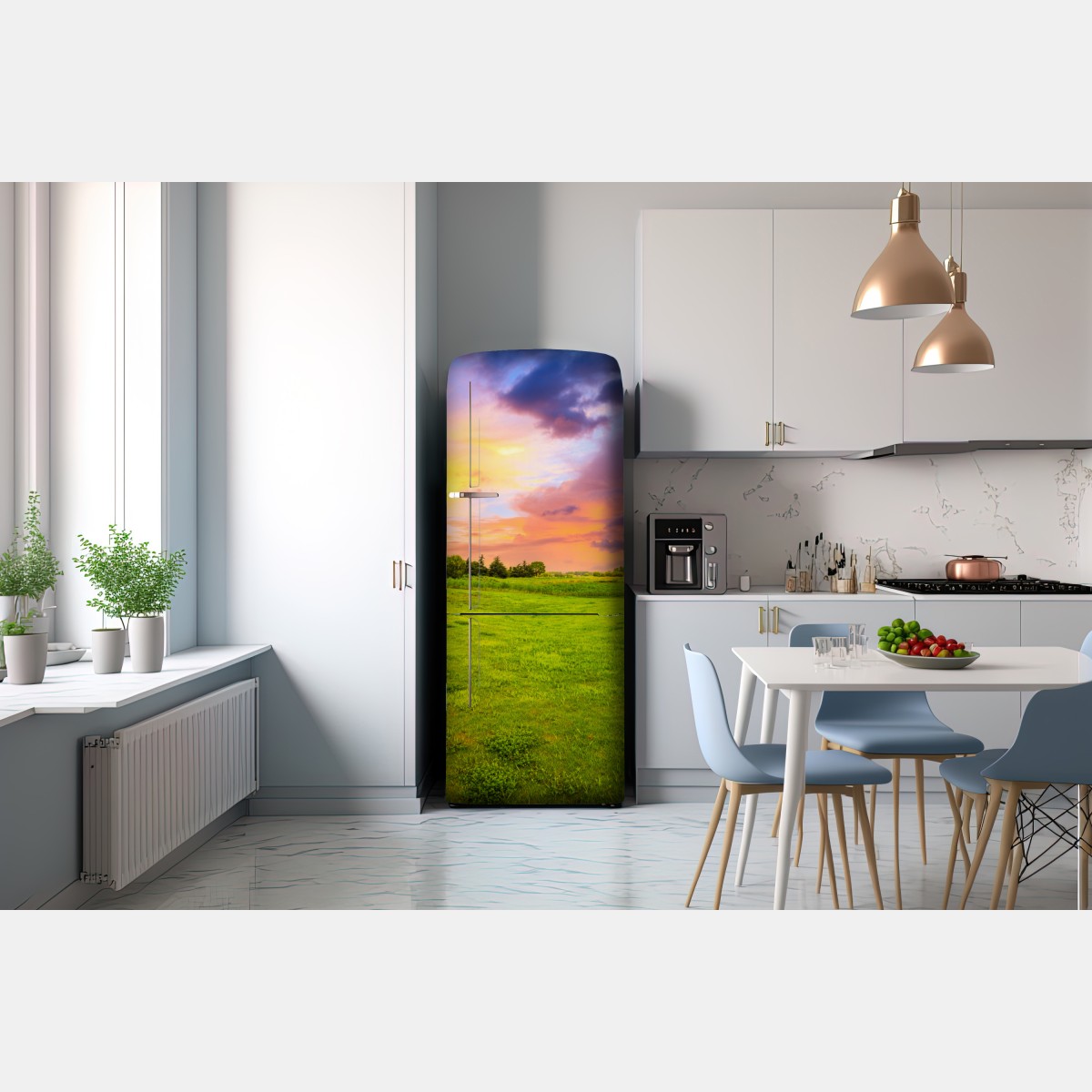 Naklejka na lodówkę zachód słońca nad zieloną łąką – Wallissimo® Naklejka na lodówkę zachód słońca nad zieloną łąką – Wallissimo®