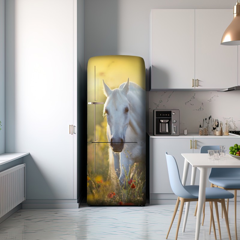 Naklejka na lodówkę biały koń na łące maków o wschodzie słońca – Wallissimo® Naklejka na lodówkę biały koń na łące maków o wschodzie słońca – Wallissimo®