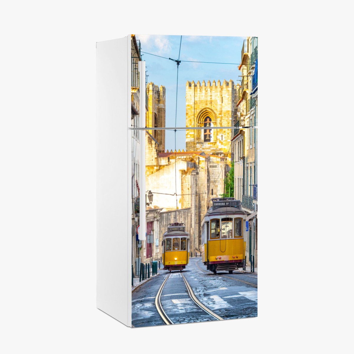 Fridge sticker sunlit trams on Lisbon's historic street