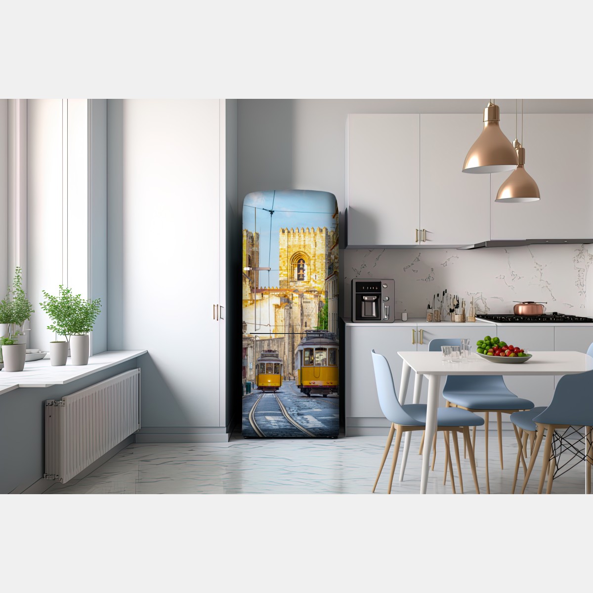 Naklejka na lodówkę słoneczne tramwaje na zabytkowej ulicy Lizbony – Wallissimo® Naklejka na lodówkę słoneczne tramwaje na zabytkowej ulicy Lizbony – Wallissimo®
