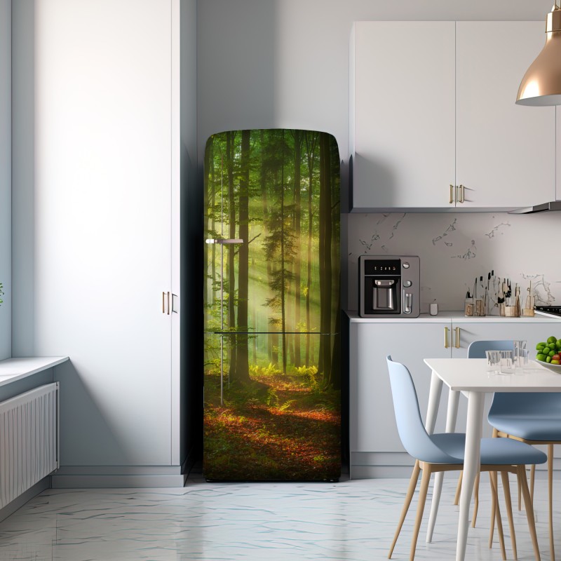 Naklejka na lodówkę poranne światło w zielonym lesie – Wallissimo® Naklejka na lodówkę poranne światło w zielonym lesie – Wallissimo®
