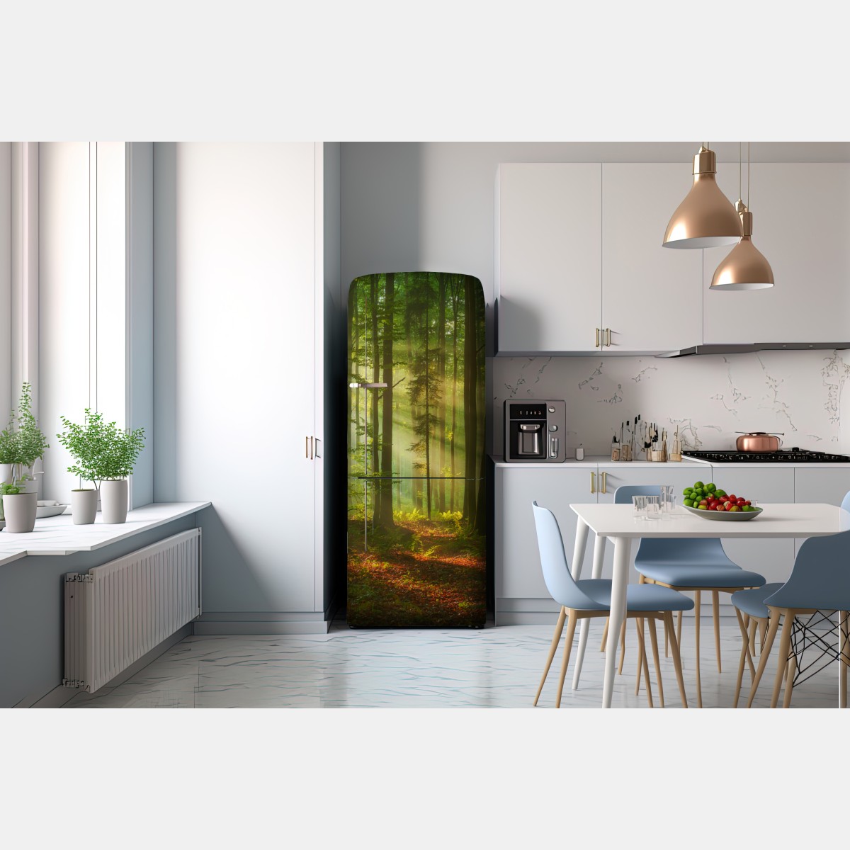 Naklejka na lodówkę poranne światło w zielonym lesie – Wallissimo® Naklejka na lodówkę poranne światło w zielonym lesie – Wallissimo®