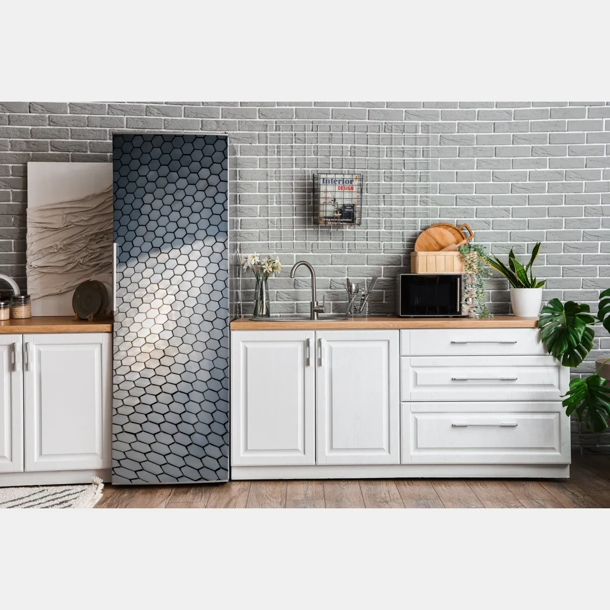 Naklejka na lodówkę metaliczna heksagonalna elewacja geometryczna – Wallissimo® Naklejka na lodówkę metaliczna heksagonalna elewacja geometryczna – Wallissimo®