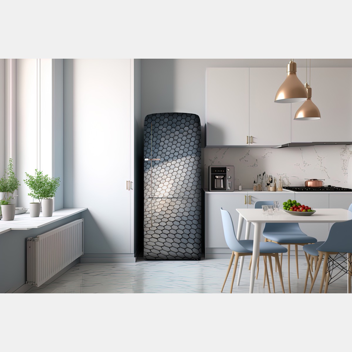 Naklejka na lodówkę metaliczna heksagonalna elewacja geometryczna – Wallissimo® Naklejka na lodówkę metaliczna heksagonalna elewacja geometryczna – Wallissimo®