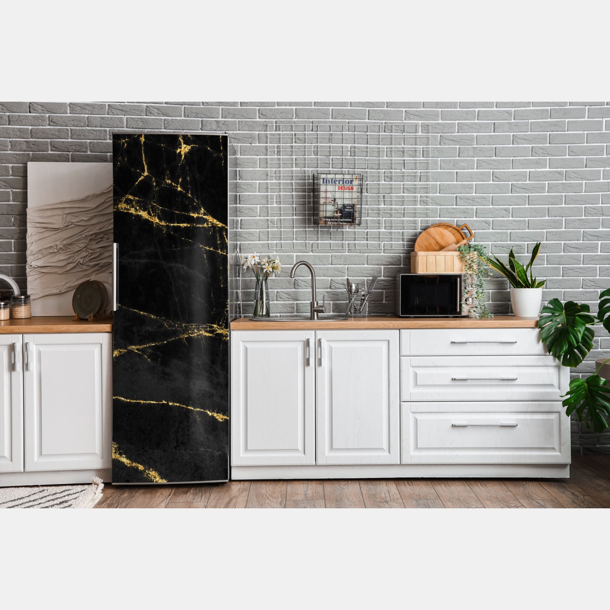 Naklejka na lodówkę czarny marmur ze złotymi żyłami – Wallissimo® Naklejka na lodówkę czarny marmur ze złotymi żyłami – Wallissimo®