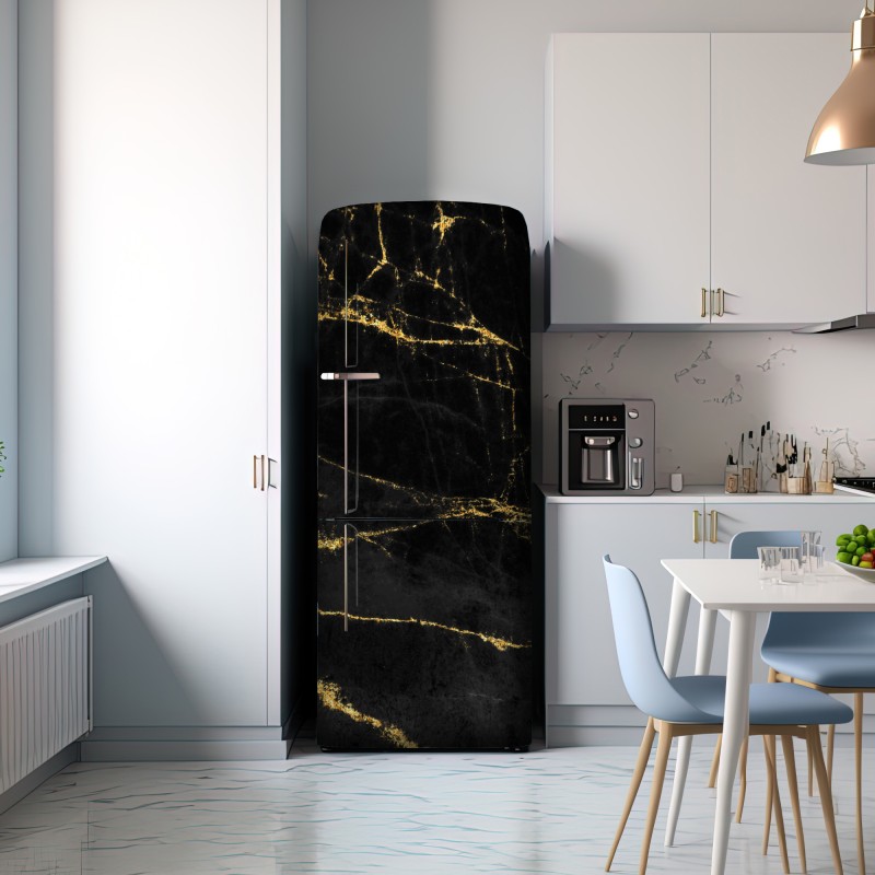 Naklejka na lodówkę czarny marmur ze złotymi żyłami – Wallissimo® Naklejka na lodówkę czarny marmur ze złotymi żyłami – Wallissimo®