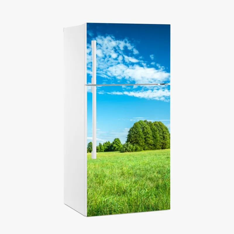 Naklejka na lodówkę słoneczna zielona łąka pod niebieskim niebem