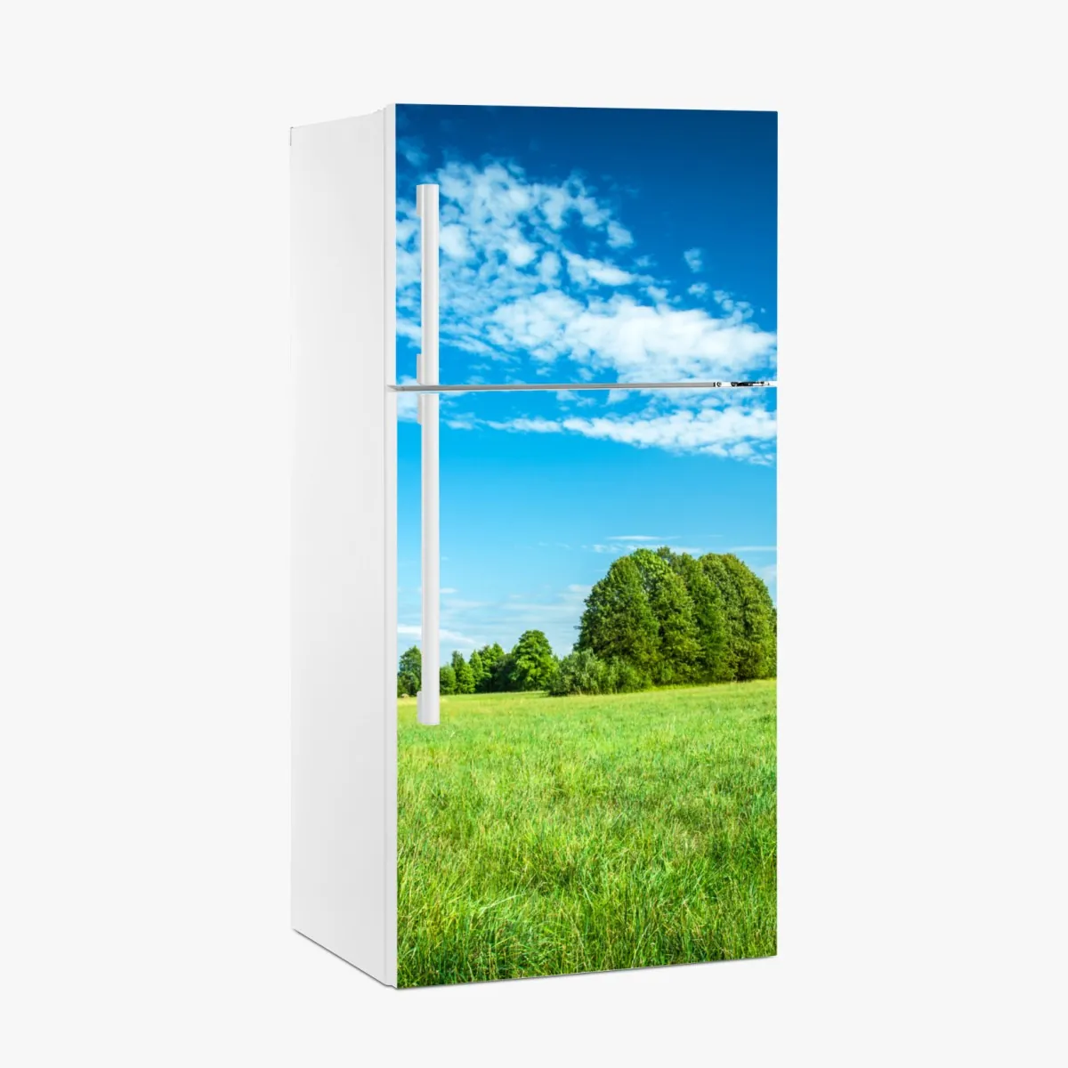 Naklejka na lodówkę słoneczna zielona łąka pod niebieskim niebem – Wallissimo® Naklejka na lodówkę słoneczna zielona łąka pod niebieskim niebem – Wallissimo®