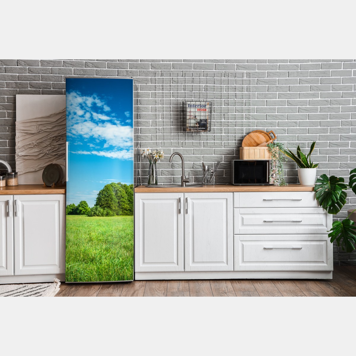 Naklejka na lodówkę słoneczna zielona łąka pod niebieskim niebem – Wallissimo® Naklejka na lodówkę słoneczna zielona łąka pod niebieskim niebem – Wallissimo®