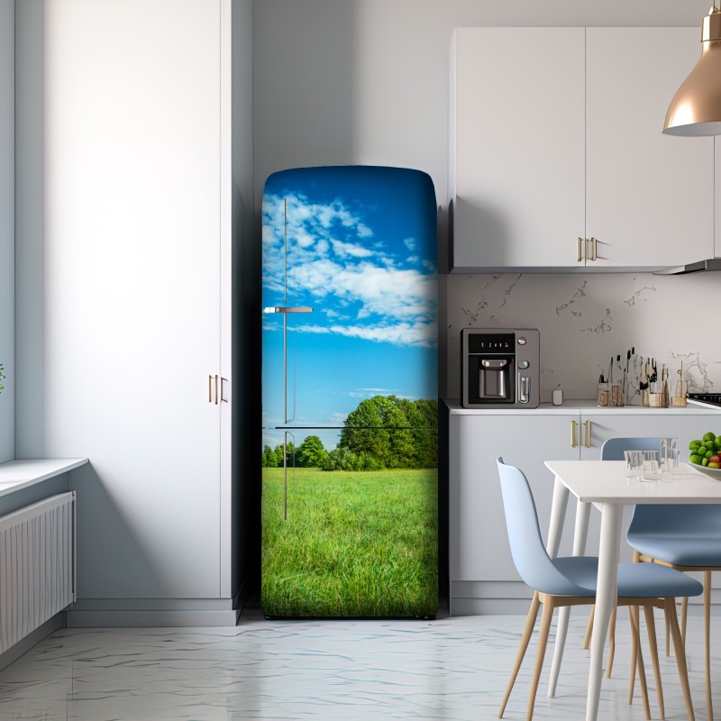 Naklejka na lodówkę słoneczna zielona łąka pod niebieskim niebem – Wallissimo® Naklejka na lodówkę słoneczna zielona łąka pod niebieskim niebem – Wallissimo®