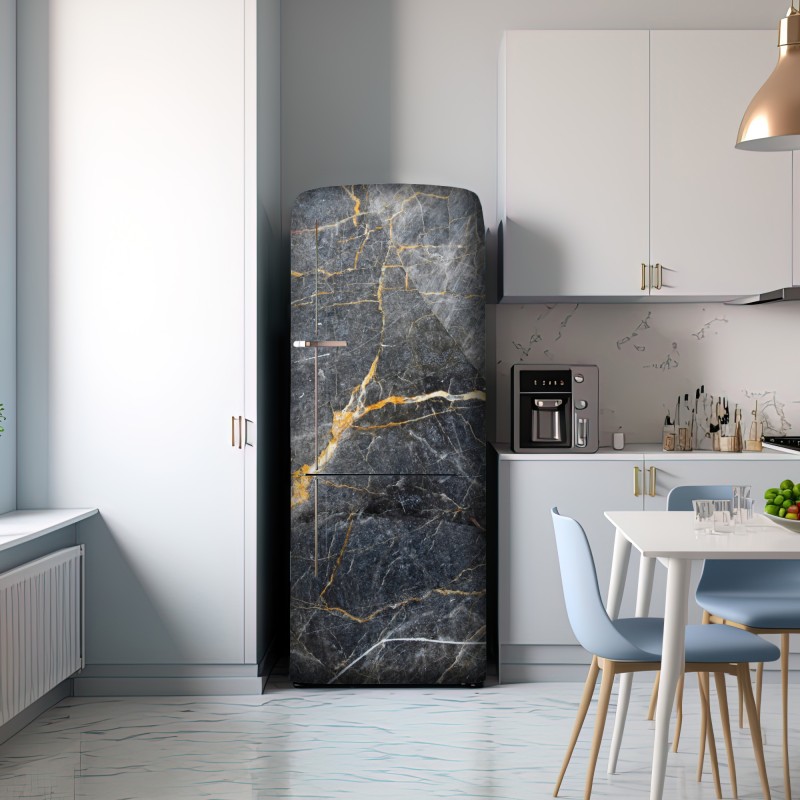 Naklejka na lodówkę ciemnoszary marmur ze złotymi żyłami – Wallissimo® Naklejka na lodówkę ciemnoszary marmur ze złotymi żyłami – Wallissimo®