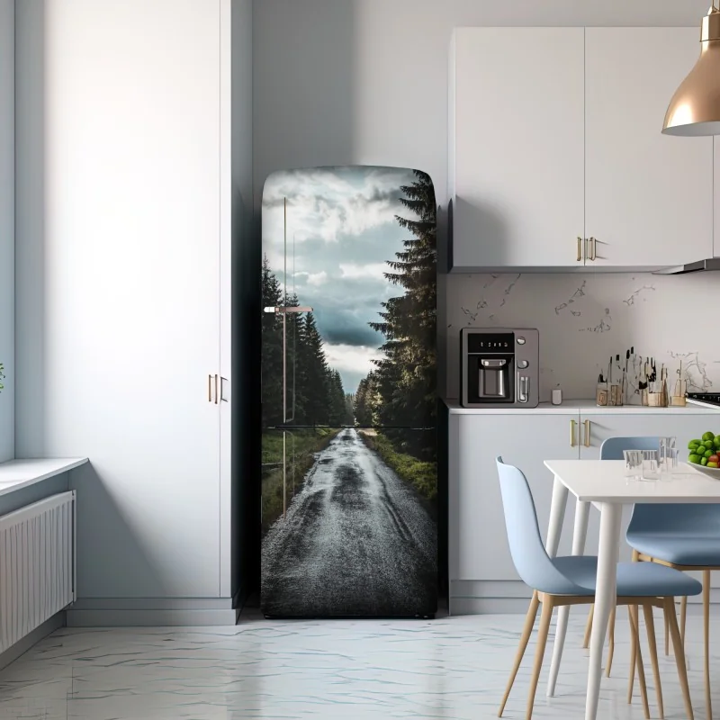 Naklejka na lodówkę leśna droga wśród sosen – Wallissimo® Naklejka na lodówkę leśna droga wśród sosen – Wallissimo®