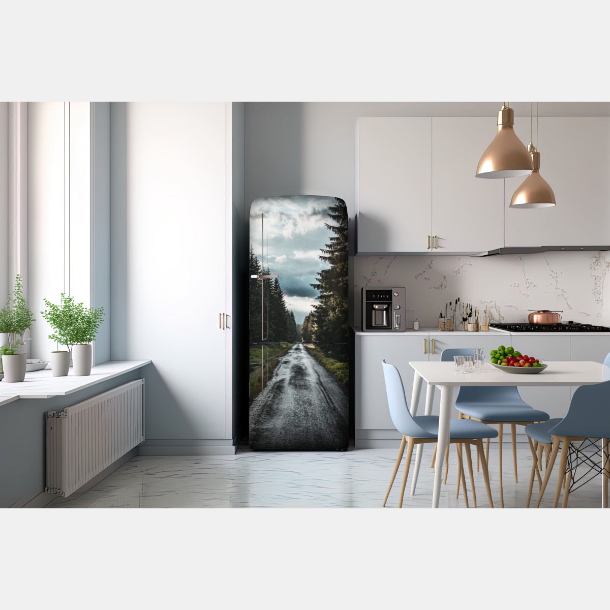 Naklejka na lodówkę leśna droga wśród sosen – Wallissimo® Naklejka na lodówkę leśna droga wśród sosen – Wallissimo®