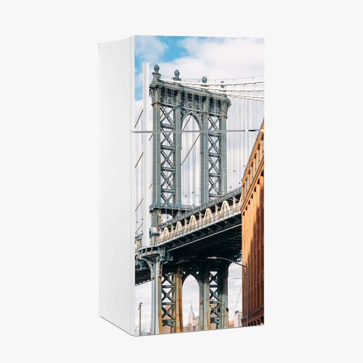 Fridge sticker Brooklyn bridge framed by brick buildings at sunset