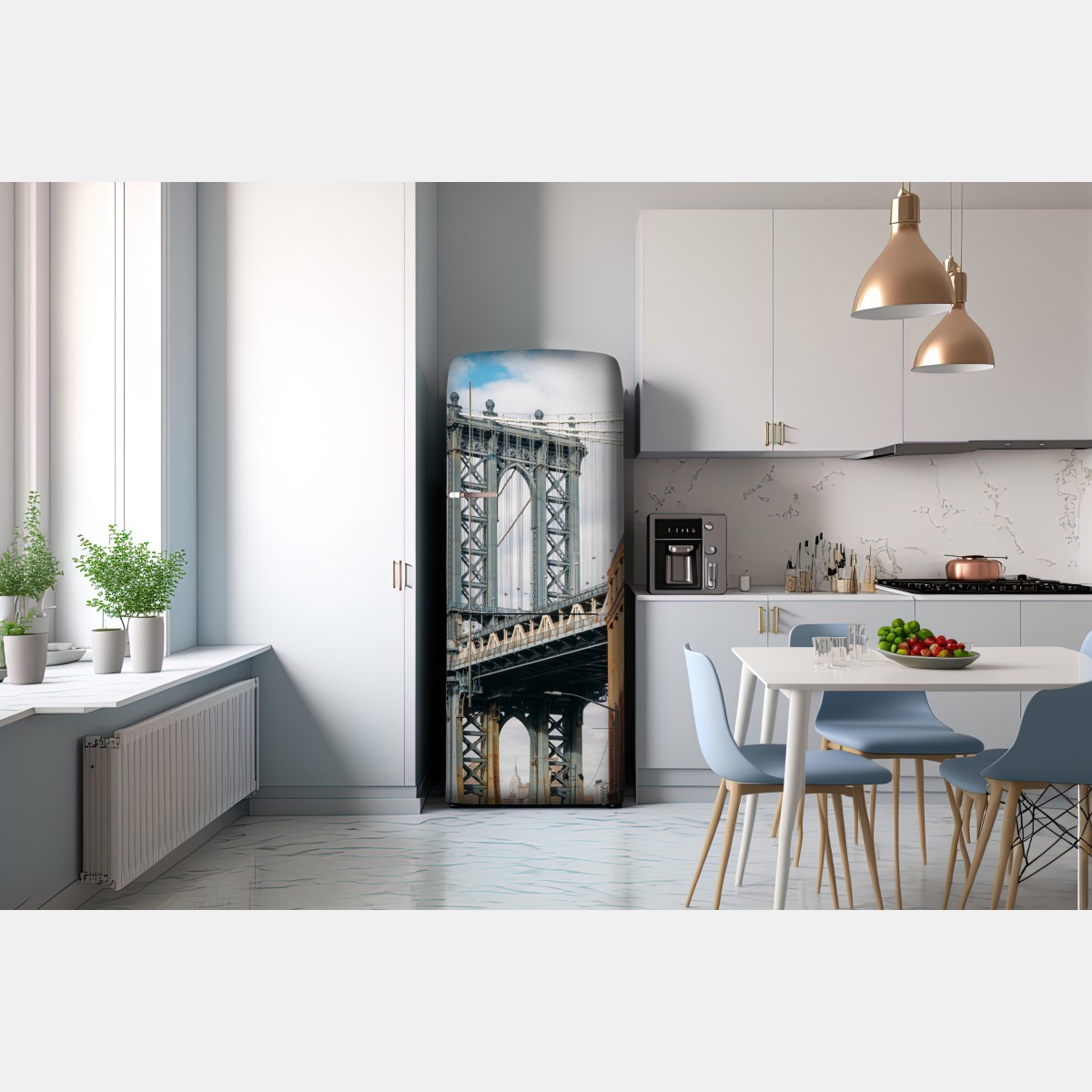 Naklejka na lodówkę Brooklyn widok mostu między ceglanymi budynkami – Wallissimo® Naklejka na lodówkę Brooklyn widok mostu między ceglanymi budynkami – Wallissimo®