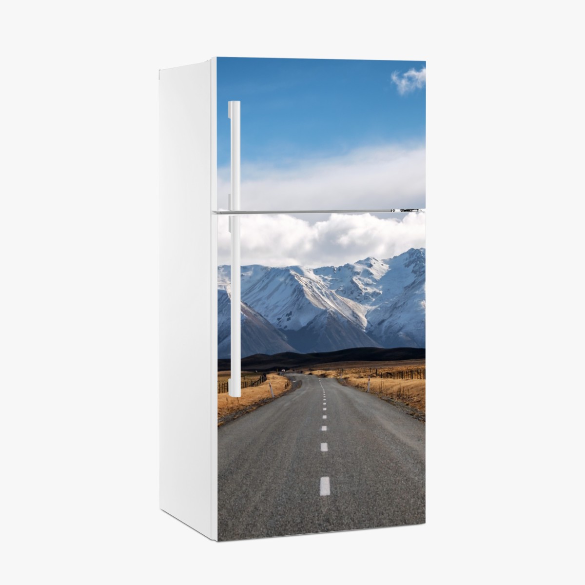 Fridge sticker road to snow-capped mountains, New Zealand