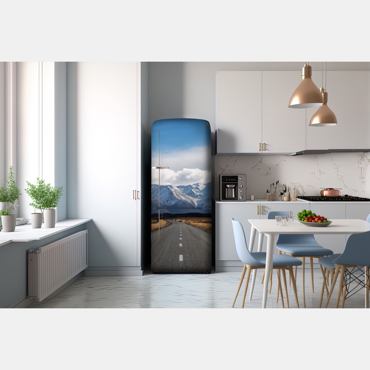 Naklejka na lodówkę droga prowadząca do ośnieżonych gór, Nowa Zelandia – Wallissimo® Naklejka na lodówkę droga prowadząca do ośnieżonych gór, Nowa Zelandia – Wallissimo®