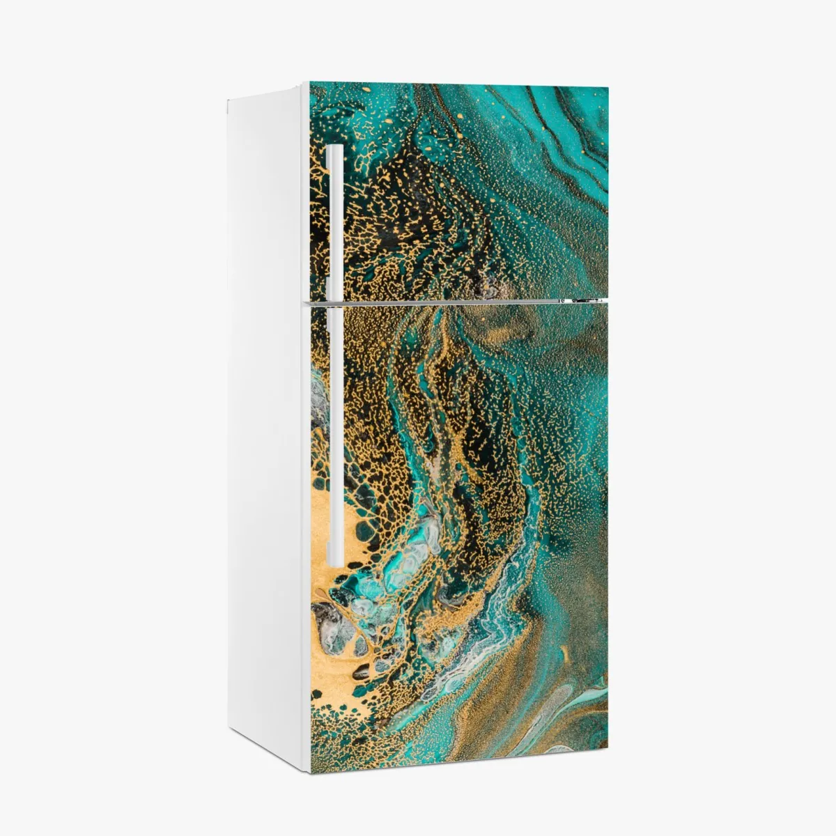 Naklejka na lodówkę turkusowy i złoty płynny wir abstrakcji – Wallissimo® Naklejka na lodówkę turkusowy i złoty płynny wir abstrakcji – Wallissimo®