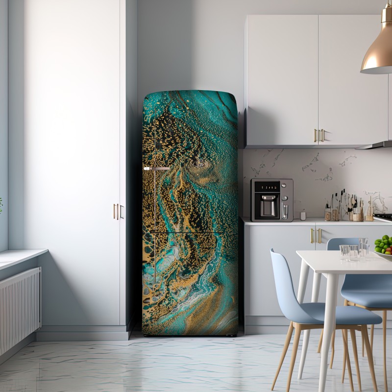 Naklejka na lodówkę turkusowy i złoty płynny wir abstrakcji – Wallissimo® Naklejka na lodówkę turkusowy i złoty płynny wir abstrakcji – Wallissimo®