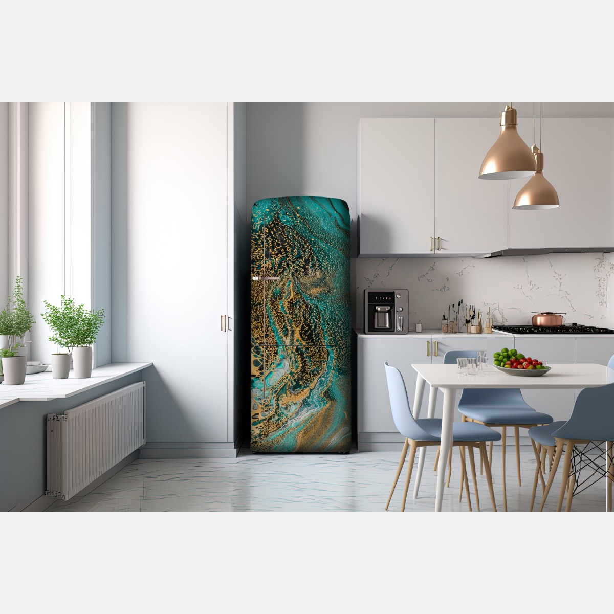 Naklejka na lodówkę turkusowy i złoty płynny wir abstrakcji – Wallissimo® Naklejka na lodówkę turkusowy i złoty płynny wir abstrakcji – Wallissimo®