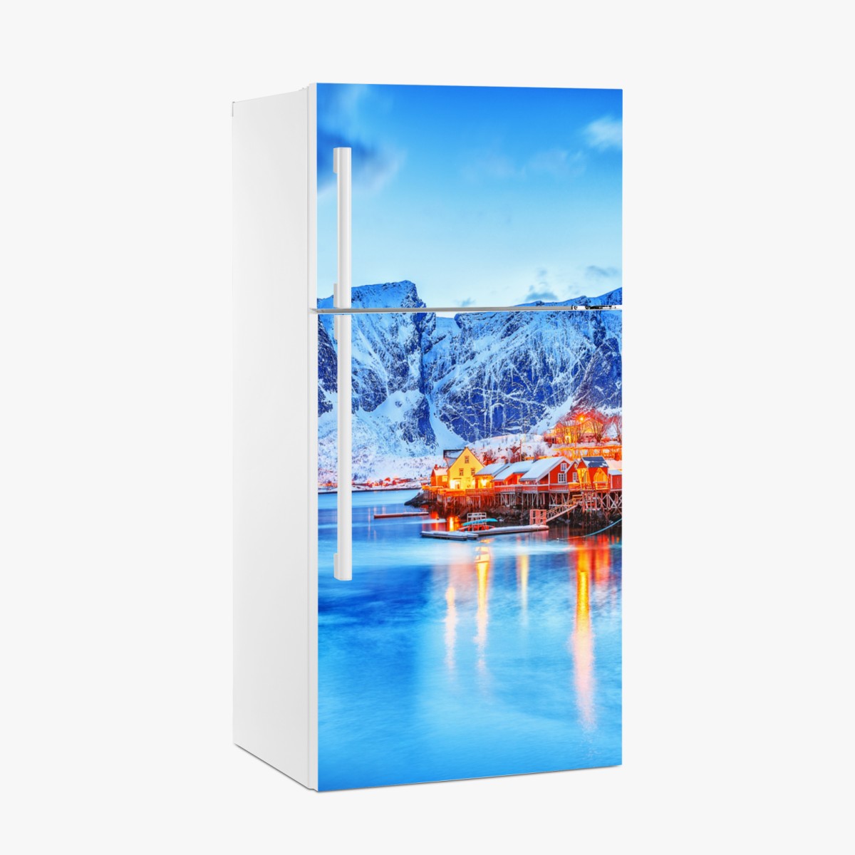 Fridge sticker snowy coastal village beneath towering mountains