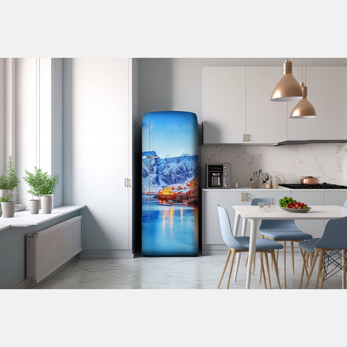 Naklejka na lodówkę zaśnieżona nadmorska wioska u stóp gór – Wallissimo® Naklejka na lodówkę zaśnieżona nadmorska wioska u stóp gór – Wallissimo®