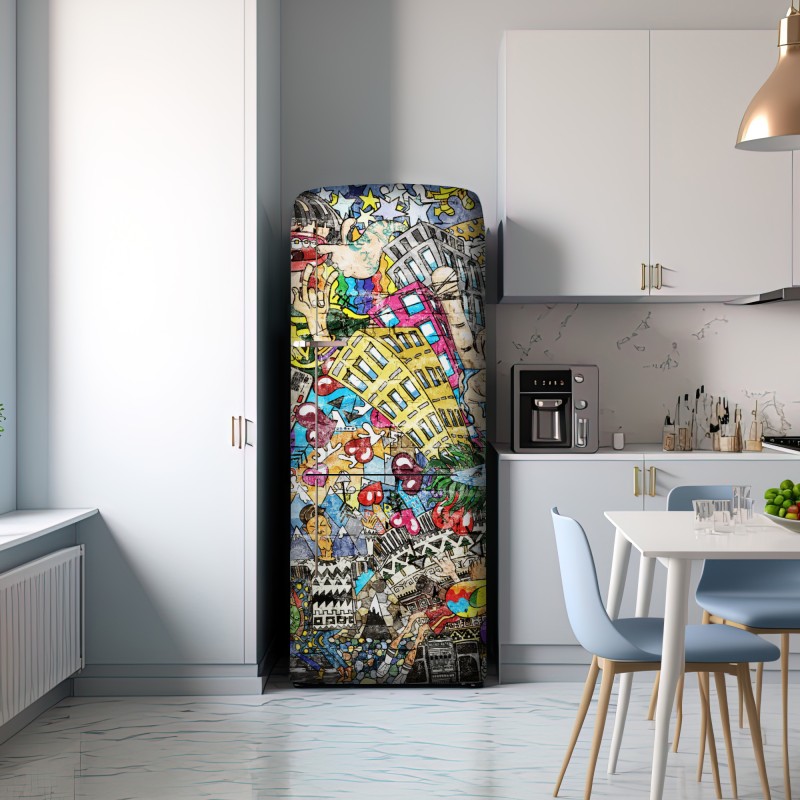 Naklejka na lodówkę kolorowy miejski mural muzyczny – Wallissimo® Naklejka na lodówkę kolorowy miejski mural muzyczny – Wallissimo®