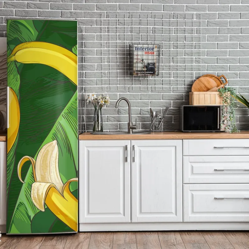 Naklejka na lodówkę wzór liści monstera ze złotymi akcentami – Wallissimo®