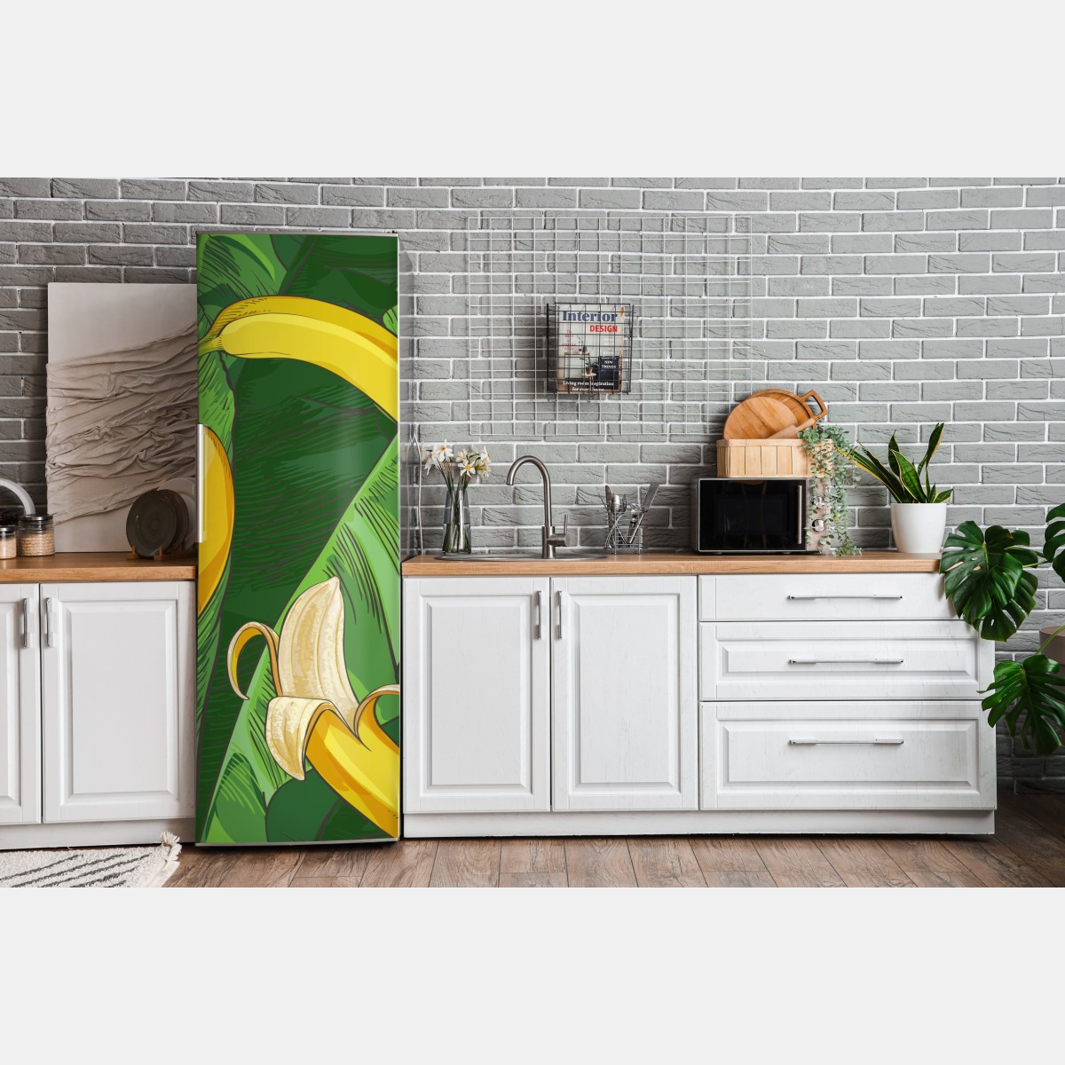 Naklejka na lodówkę tropikalny wzór bananów z liśćmi – Wallissimo® Naklejka na lodówkę tropikalny wzór bananów z liśćmi – Wallissimo®