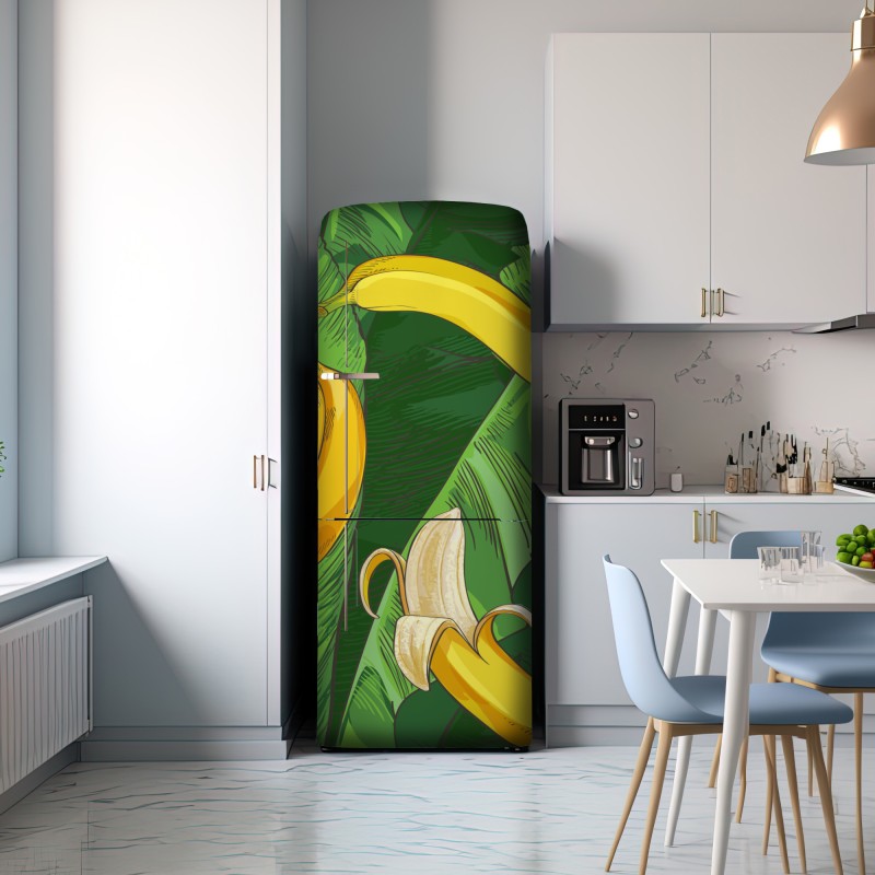 Naklejka na lodówkę tropikalny wzór bananów z liśćmi – Wallissimo® Naklejka na lodówkę tropikalny wzór bananów z liśćmi – Wallissimo®